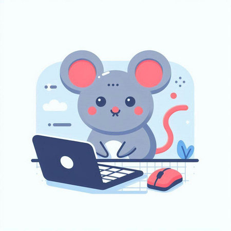 Cute mouse with laptop. Vector illustration in a flat style.のイラスト素材