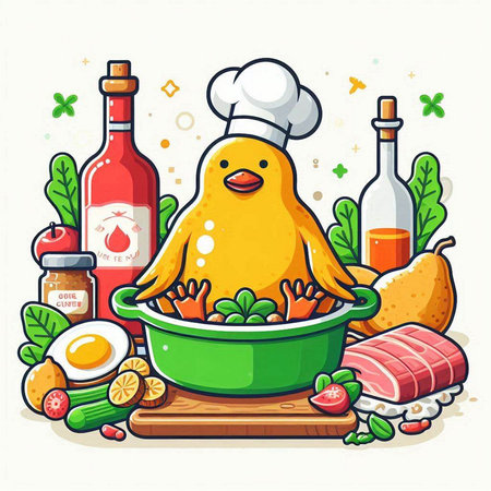 Vector illustration of a chicken in a bowl with food and vegetables.のイラスト素材