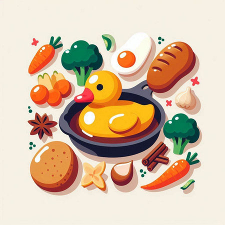 Fried chicken and vegetables in a frying pan. Vector illustration.のイラスト素材