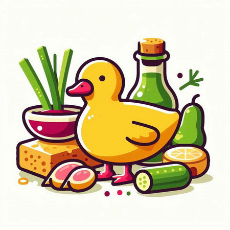 Vector illustration of a yellow rubber duck, olive oil, lemon, salt, pepper, cucumber, olive oil, vinegar.のイラスト素材