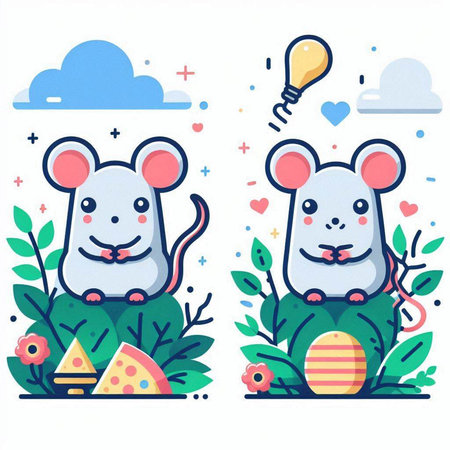 Cute cartoon mouse with different emotions. Vector illustration in a flat style.のイラスト素材