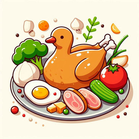 Illustration of a chicken on a plate with vegetables and eggs.のイラスト素材