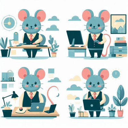 Set of cute cartoon mouse working in the office. Vector illustration.のイラスト素材