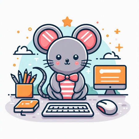 Cute mouse cartoon character working at the computer. Vector illustration.のイラスト素材