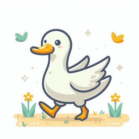Duck walking on the grass. Cute cartoon vector illustration.のイラスト素材
