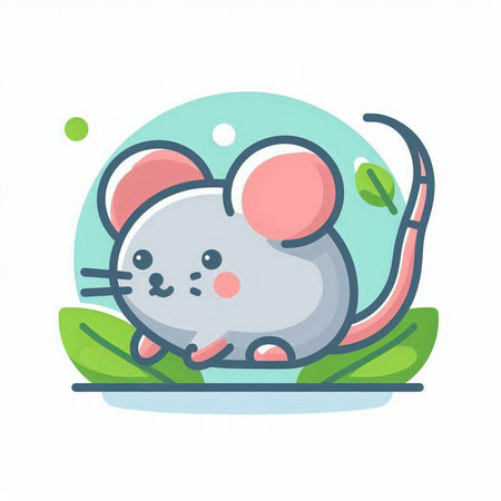 Gray mouse on green leaves. Vector illustration in cartoon flat style.のイラスト素材