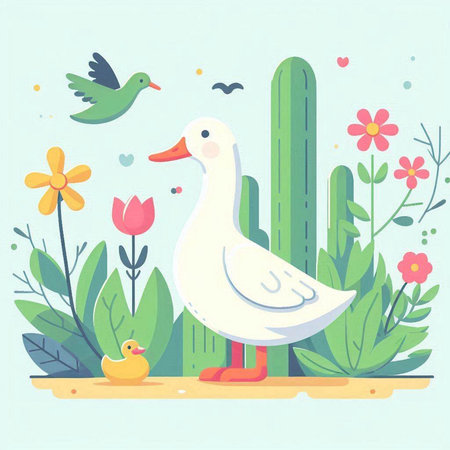 Vector illustration of a duck in the garden with flowers and birds.のイラスト素材