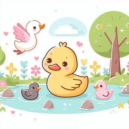 Cute duckling and ducklings in the park. Vector illustration.のイラスト素材