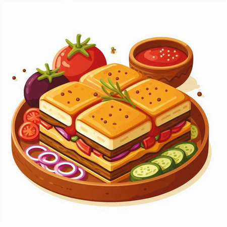Sandwich with meat, vegetables and sauce. Vector illustration on white background.のイラスト素材