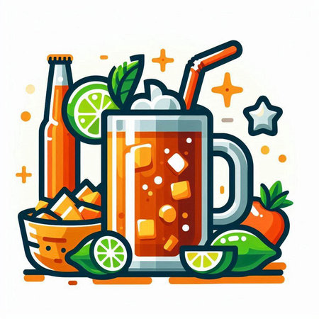 Mug of iced tea with lemon, lime and ice cubes. Vector illustration.のイラスト素材