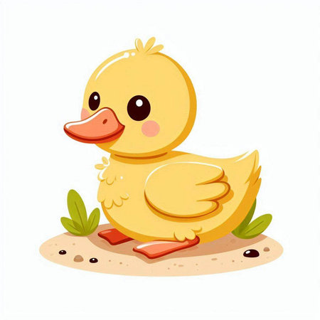 Cute cartoon duckling sitting on the sand. Vector illustration.のイラスト素材