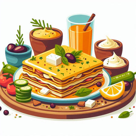 Vector illustration of a plate of lasagna with cheese, olives and tomato juiceのイラスト素材