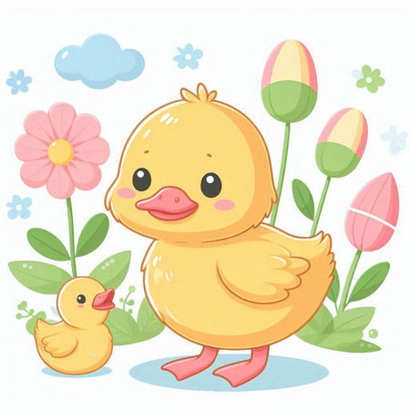 Cute cartoon duckling with yellow ducklings and spring flowers.のイラスト素材