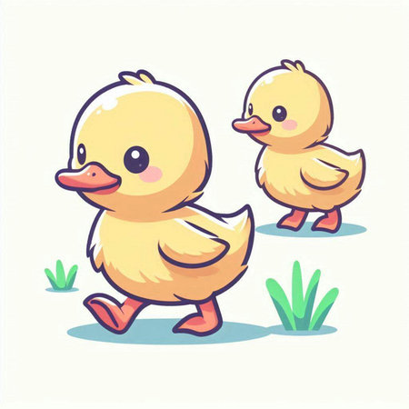 Cute cartoon duckling walking in the grass. Vector illustration.のイラスト素材