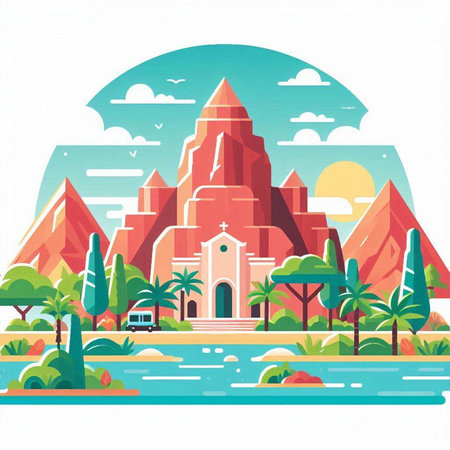 Mountain landscape with a church, palms and lake. Vector illustrationのイラスト素材