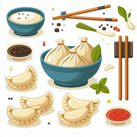 Illustration of Chinese dumplings with soy sauce and chopsticks.のイラスト素材