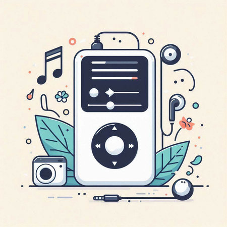 Music player with headphones and notes. Vector illustration in flat style.のイラスト素材
