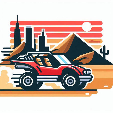 illustration of a suv in the desert with mountains in the backgroundのイラスト素材