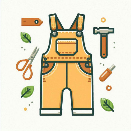 Hand drawn doodle icon of overalls and tools. Vector illustrationのイラスト素材