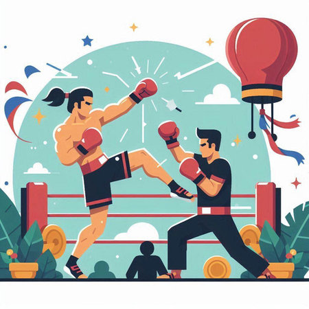 Man and woman fighting in boxing ring. Flat design vector illustration.のイラスト素材