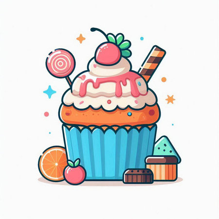 Cupcake with fruit and candies. Vector illustration in cartoon style.のイラスト素材