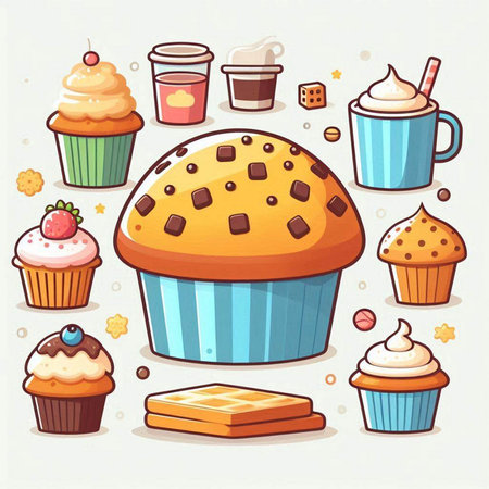 Cupcake and coffee icons set. Vector illustration in cartoon styleのイラスト素材