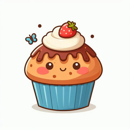 Cute cupcake with whipped cream and strawberry, vector illustration.のイラスト素材