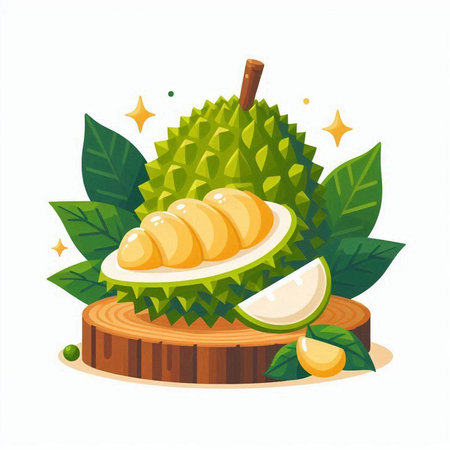 Fresh durian fruit with leaves isolated on white background. Vector illustration.のイラスト素材