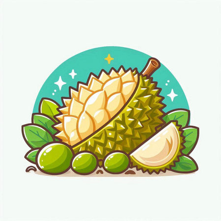 Illustration of Durian Fruit with Leaves and Slices.のイラスト素材