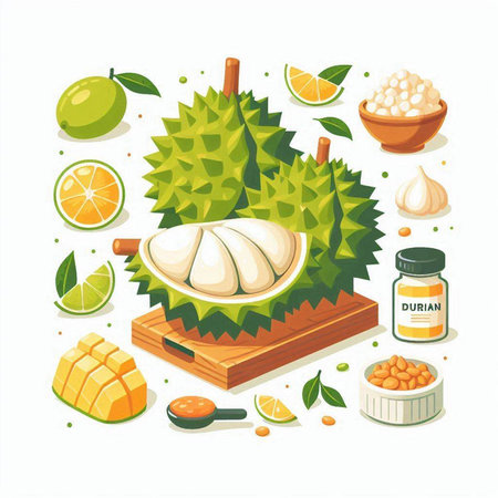 Vector illustration of durian fruits and ingredients for making smoothies.のイラスト素材