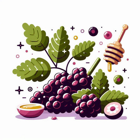 Grapes, honey and leaves. Vector illustration in flat style.のイラスト素材