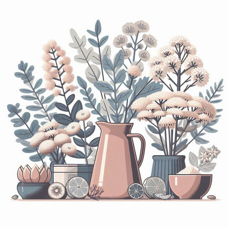 Hand drawn vector illustration of herbs and flowers in ceramic pots isolated on white background.のイラスト素材