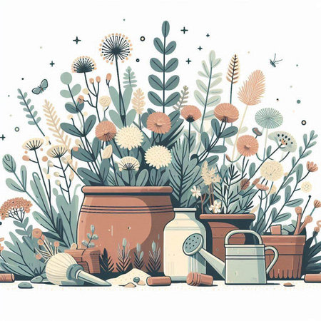 Gardening. Vector illustration with flowers, plants and tools.のイラスト素材