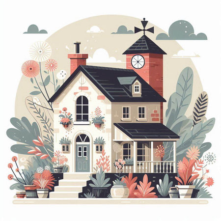 Beautiful vector illustration of a country house with flowers in pots.のイラスト素材