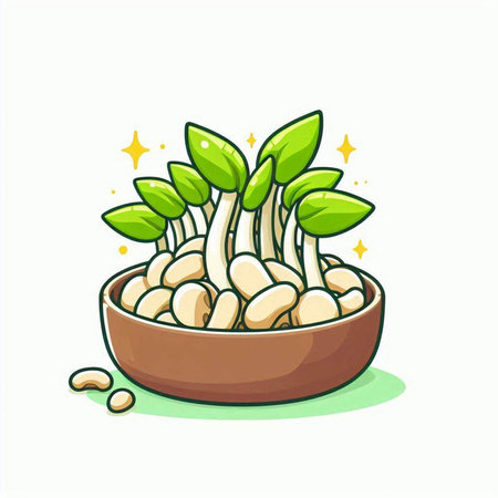 Mushroom sprouts in bowl isolated on white background. Vector illustration.のイラスト素材