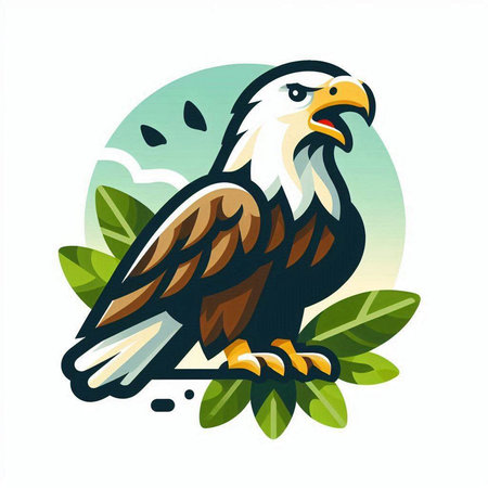 Bald Eagle Vector Illustration. Wild Bird with Green Leaves.のイラスト素材