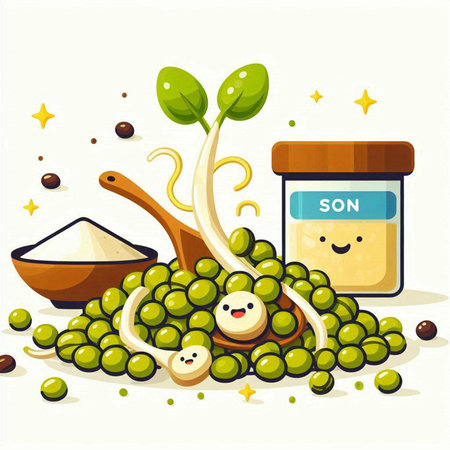 Illustration of green peas with seeds and jar of sesame oilのイラスト素材