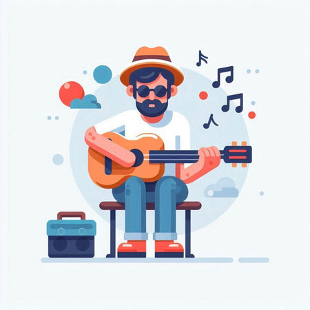 Musician playing the guitar. Vector illustration in a flat style.のイラスト素材