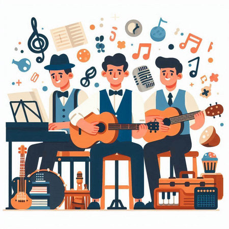 Musical instruments. Musicians playing musical instruments. Vector flat illustrationのイラスト素材