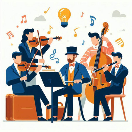Musical band flat vector illustration. Musician playing on cello, violin and bow. Musician performing in orchestra. Musician playing on cello, violin and bow. Musician performanceのイラスト素材