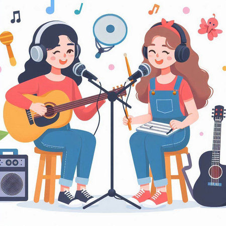 Beautiful girl singing and playing guitar. Vector illustration in cartoon style.のイラスト素材