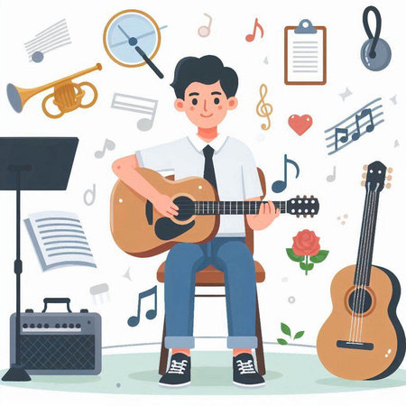 Man playing guitar and singing. Vector illustration in flat cartoon style.のイラスト素材
