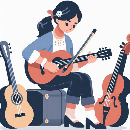 Girl playing guitar. Vector illustration in flat cartoon style on white background.のイラスト素材