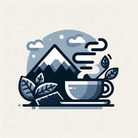 Vector illustration of a cup of coffee and mountains in the background.のイラスト素材