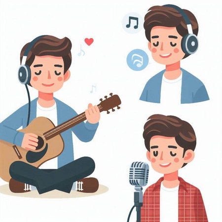 Set of young man singing and playing guitar. Flat style vector illustration.のイラスト素材