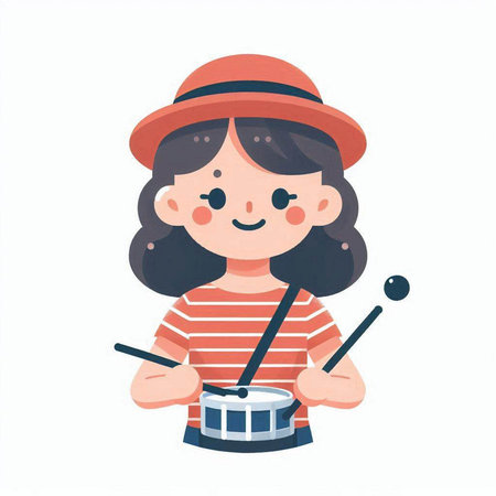 Cute little girl playing drum. Vector illustration in cartoon style.のイラスト素材