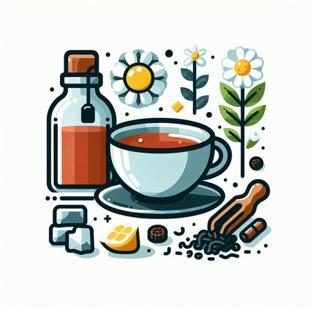 Cup of tea with herbs and spices. Vector illustration in cartoon style.のイラスト素材