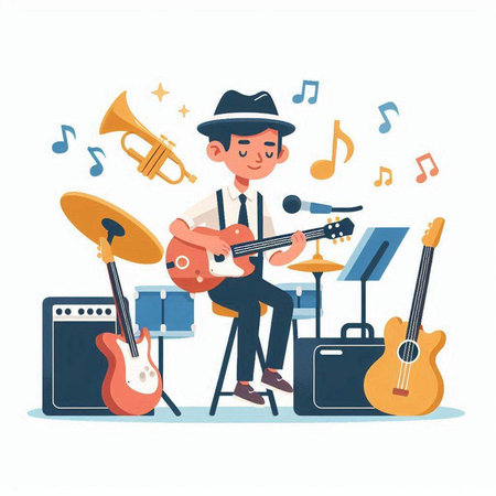 Musician playing guitar and singing songs. Vector illustration in cartoon styleのイラスト素材
