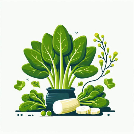 Vector illustration of spinach in a pot with pills and green leaves on a white background.のイラスト素材