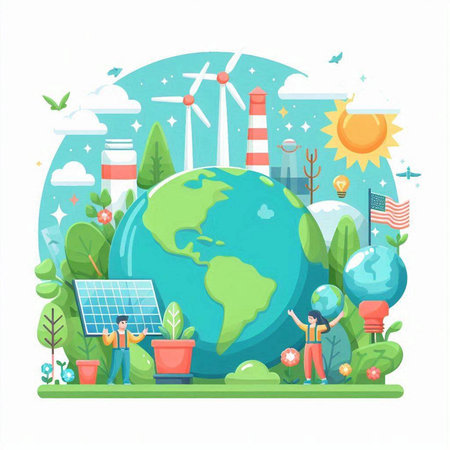 Ecology concept with green planet and renewable energy sources. Vector illustrationのイラスト素材